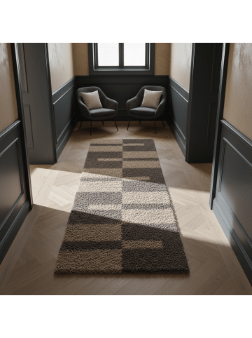 KADIMA DESIGN Teppich Hochflor Shaggy Waschbar Karo WERFEN Strapazierfähig in Taupe