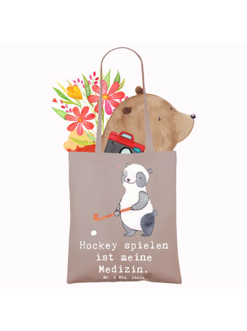 Mr. & Mrs. Panda Umhängetasche Panda Hockey spielen mit Spruch in Braun Pastell