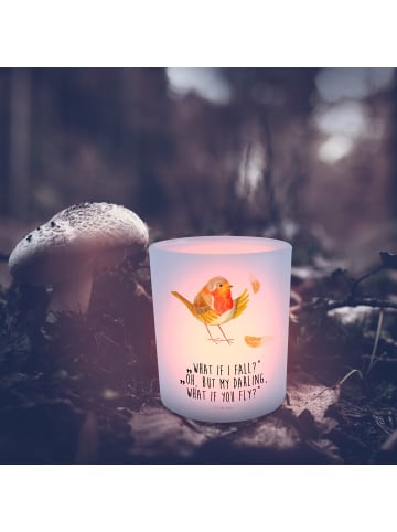 Mr. & Mrs. Panda Windlicht aus Glas Rotkehlchen Federn mit Spruch in Transparent