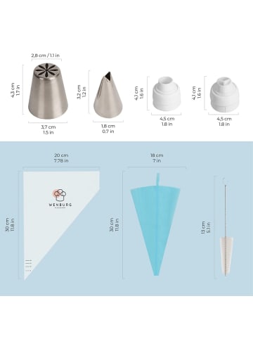 Wenburg Torten-Dekoratiosset 43er-Set Spritztüllen,  Kupplungen und Spritzbeutel Silber