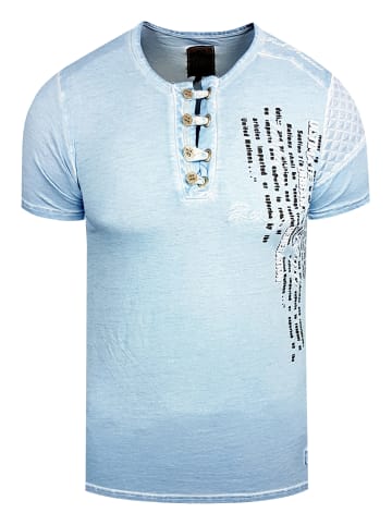 Rusty Neal Oil-Washed T-Shirt mit Knopfleiste in Blau