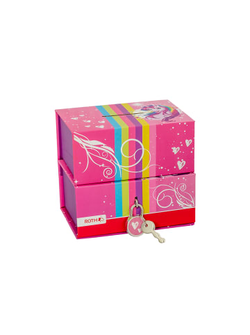 Spardose mit 2 getrennten Boxen mit Magnet und Vorhängeschloss Einhornportait in Rosa