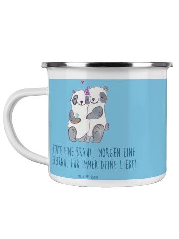 Mr. & Mrs. Panda Camping Emaille Tasse Braut Liebe mit Spruch in Sky Blue