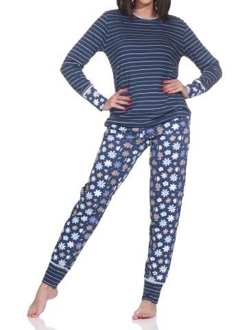 NORMANN Langarm Schlafanzug Pyjama Bündchen Streifen in marine