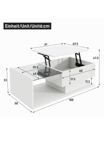 ABRIHOME Couchtisch Beistelltisch mit Glas und LED, Weiß