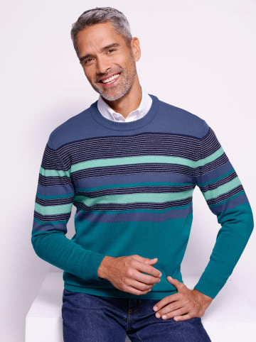 Sieh an! Rundhals-Pullover in jeansblau-petrol-geringelt