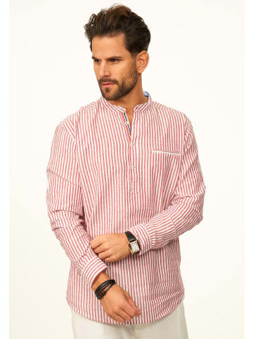 behype Langarmhemd - Gestreift im Regular-Fit mit Henley-Stehkragen in Rot