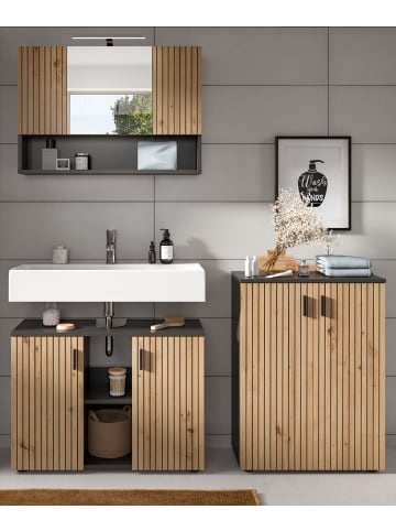 Inn.Furn Badmöbel-Set Eiche, grau 3-teilig 155 cm, Badmöbel mit Rillen, Livia