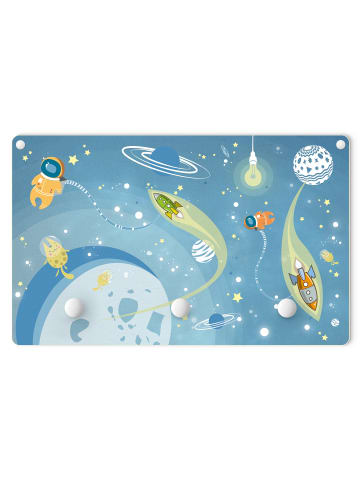 WALLART Kindergarderobe Holz - No.MW16 Buntes Weltraumtreiben in Blau