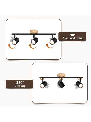 ZMH Deckenleuchte in Schwarz 3-flammige GU10 Holz Modern Deckenspots Max.25W
