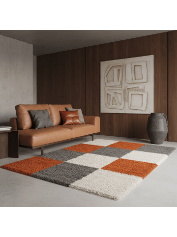 KADIMA DESIGN Teppich Hochflor Shaggy Waschbar Karo RHEIN Strapazierfähig in Terrakotta