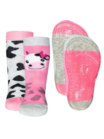 ewers 2er-Set Stoppersocken Kuh in sweater grau / chinapink