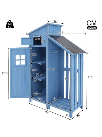 ABRIHOME Gerätehaus in Blau Tannenholz mit 2 Ablagen 124x46x174 cm