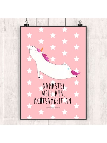 Mr. & Mrs. Panda Poster Einhorn Yoga mit Spruch in Rot Pastell
