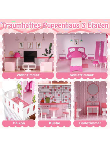 COSTWAY Puppenhaus Holz ab 3 Jahren in Rosa