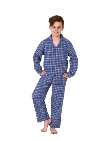 NORMANN Flanell Pyjama langarm Schlafanzug Karo Knopfleiste in blau