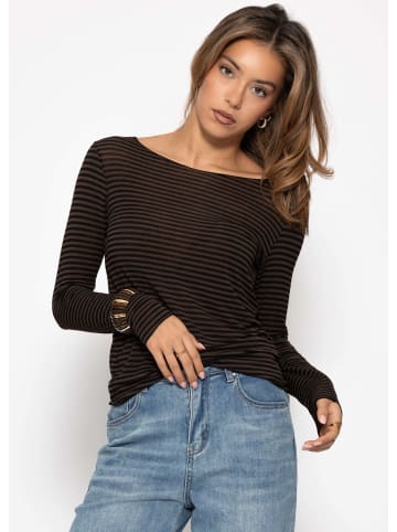 SASSYCLASSY Leicht transparentes Langarmshirt mit Kaschmiranteil in Braun-Schwarz