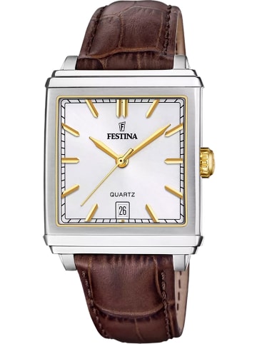 Festina Herrenuhr Rechteckig Zweifarbig mit Lederband Silber / Braun