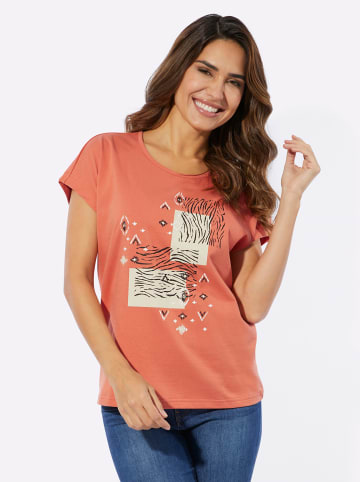 Sieh an! Rundhalsshirt in papaya-schwarz-bedruckt