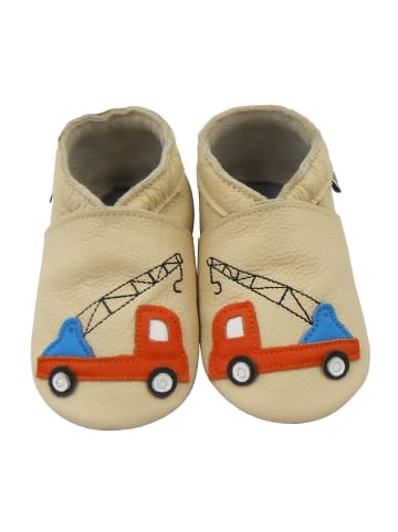 Mepiq Elfenbeinfarbene Baby-Leder-Laufschuhe, mit rutschfester Sohle - Lastwagenmotiv