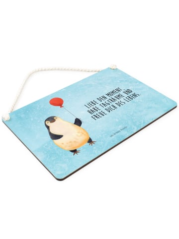 Mr. & Mrs. Panda Wandbild Holz Pinguin Luftballon mit Spruch in Eisblau