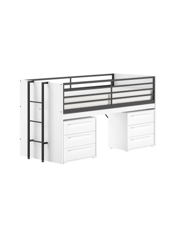 58 aufm Kessel HALBHOCHBETT 90x200 Keelia Weiß mit Schreibtisch Stauraum