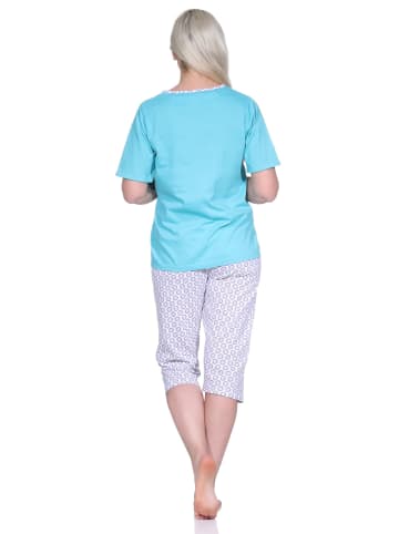 NORMANN Schlafanzug Capri Pyjama BlümchenMuster und Caprihose - 74534 in türkis