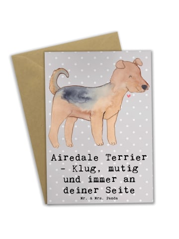 Mr. & Mrs. Panda Grußkarte Airedale Terrier mit Spruch in Grau Pastell