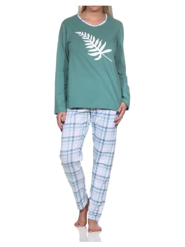 NORMANN Damen Schlafanzug langarm in tollen Farben mit Karo-Muster - 86314 in blau