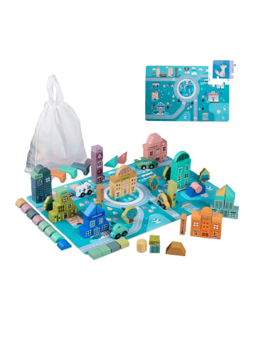 relaxdays 133 x Holzbausteine "Stadt" mit Puzzlematte in Bunt