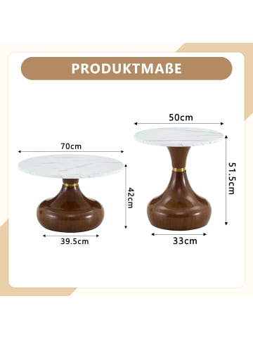 ABRIHOME Couchtisch Set in Nussbaum 2-tlg rund Marmoroptik mit Sanduhr Sockel für Wohnzimmer