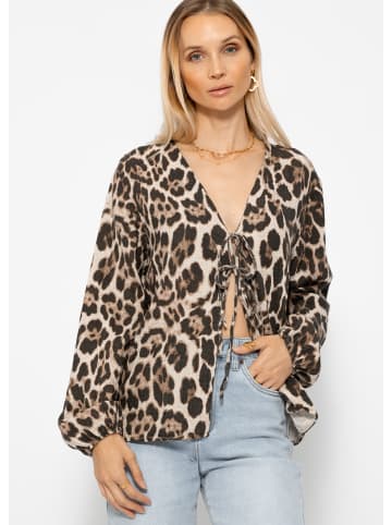 SASSYCLASSY Musselin Blusenjacke mit Bindebänder in Leo-Print in Braun