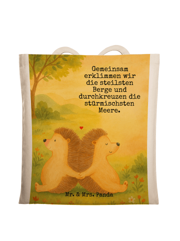 Mr. & Mrs. Panda Tragetasche Igel händchenhaltend Design mit Spruch in Weiß