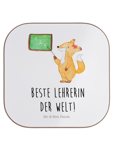 Mr. & Mrs. Panda Glasuntersetzer Fuchs Lehrerin mit Spruch in Weiß