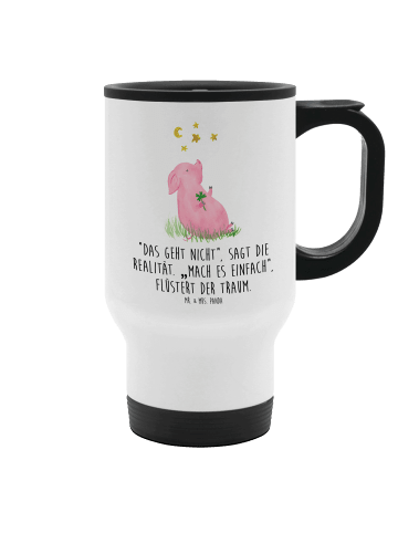 Mr. & Mrs. Panda Travel Mug Schwein Glück mit Spruch in Weiß