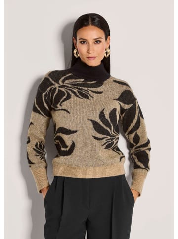 MADELEINE Stilvoller Wollpullover mit floralem Jacquard-Muster in caramel / schwarz