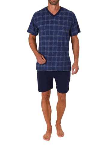NORMANN kurzarm Schlafanzug Shorty Pyjama karierten Oberteil - 71933 in blau-melange