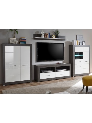 Furn.Design Wohnwand weiß Hochglanz, grau Stone 4-teilig 370 cm, Kombination viel Stauraum