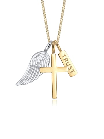 Elli Halskette 925 Sterling Silber Flügel, Bi Color_Tri Color, Kreuz, Trust-Schriftzug in Gold