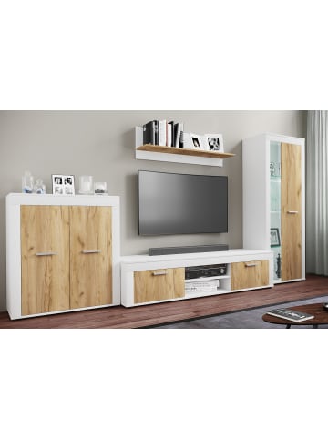 VCM  Schrank Vitrine Wohnzimmer Holz Glas Usilo in Weiß / Honig-Eiche