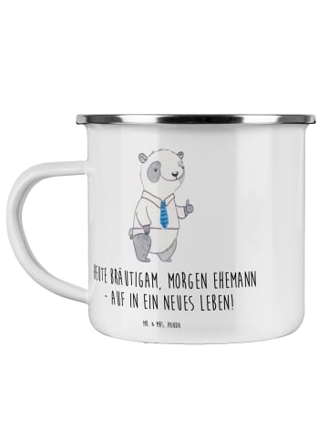 Mr. & Mrs. Panda Camping Emaille Tasse Bräutigam Heute mit Spruch in Weiß