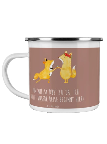 Mr. & Mrs. Panda Camping Emaille Tasse Verlobung Abenteuer mit S... in Braun Pastell
