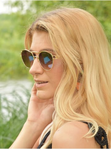 styleBREAKER Panto Sonnenbrille in Gold / Grau-Beige Verlauf