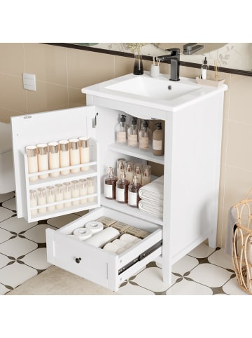 ABRIHOME Waschbeckenunterschrank in Weiß 51x46x85 cm stehend mit Keramikbecken Türablage