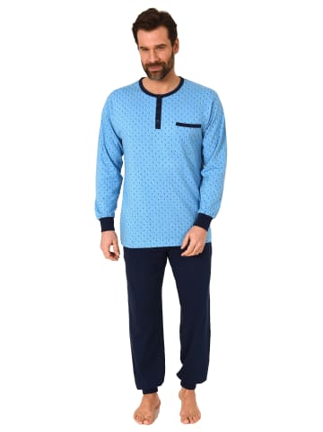 NORMANN langarm Pyjama Schlafanzug Bündchen und Knopfleiste am Hals in blau