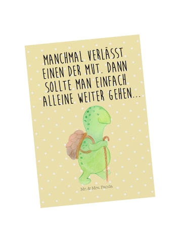 Mr. & Mrs. Panda Ansichtskarte Schildkröte Wanderer mit Spruch in Gelb Pastell