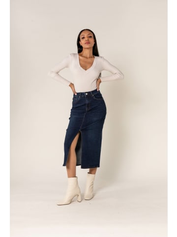 Nina Carter Langer Jeansrock mit Schlitz Stretch Denim Midi Rock in Dunkelblau