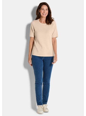 GOLDNER Kurzgröße:  Strickpullover Halbarm Strickshirt mit Rundhals in beige