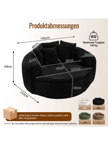 ABRIHOME Sitzsack in Schwarz Cord mit Armlehnen und Rückenkissen