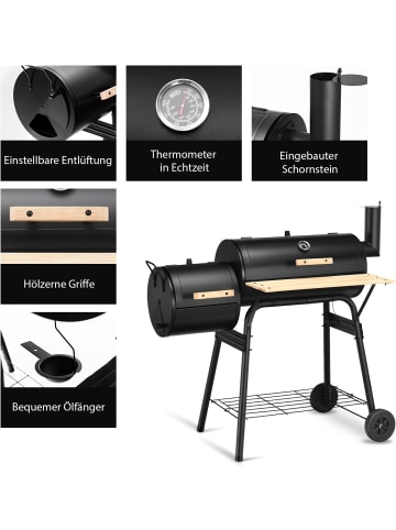 COSTWAY Holzkohlegrill Räucher-/Grillfunktion 2 in 1 in Schwarz